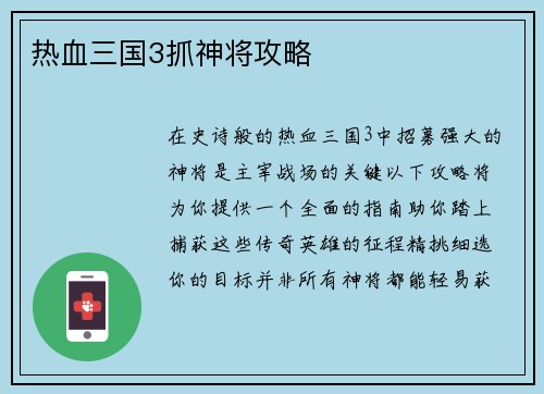 热血三国3抓神将攻略