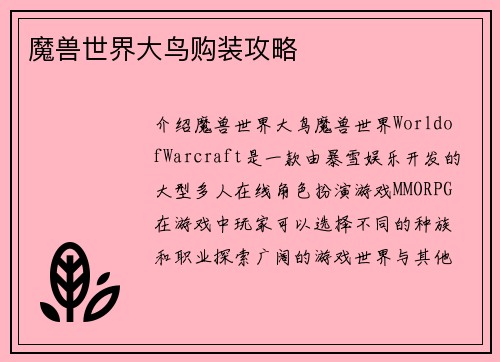 魔兽世界大鸟购装攻略