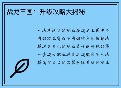 战龙三国：升级攻略大揭秘