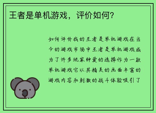 王者是单机游戏，评价如何？