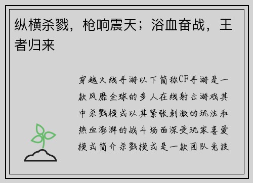 纵横杀戮，枪响震天；浴血奋战，王者归来
